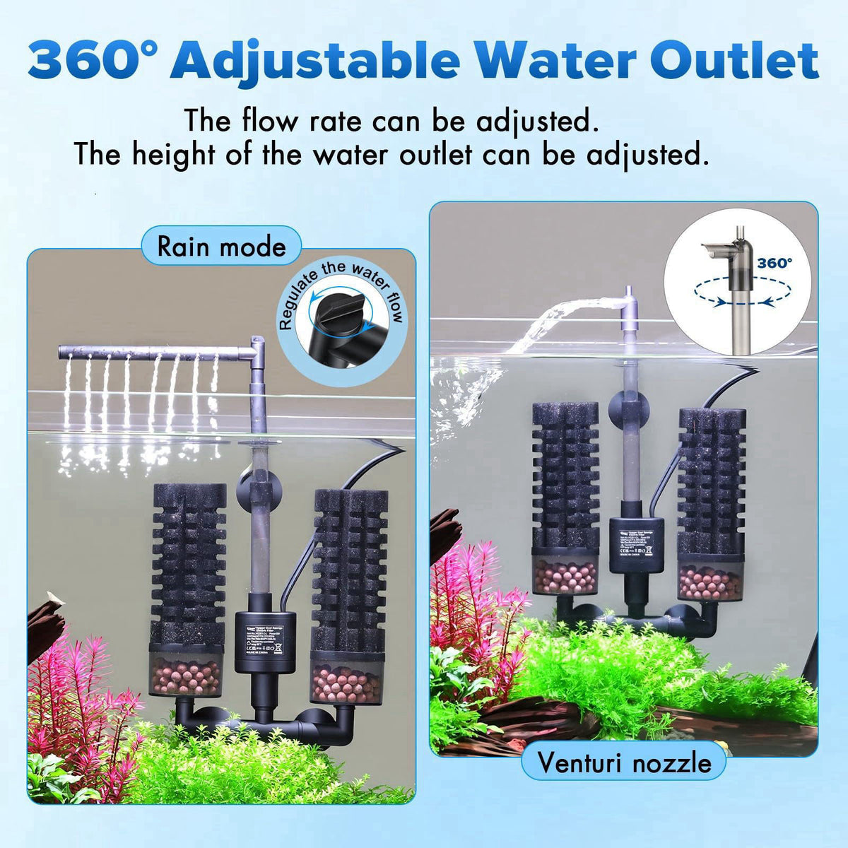 hygger Electric Aquarium Sponge Filter, 5W Quiet Fish Tank Filter Pump with 2 Spare Sponge & Bio Media Balls, Adjustable
