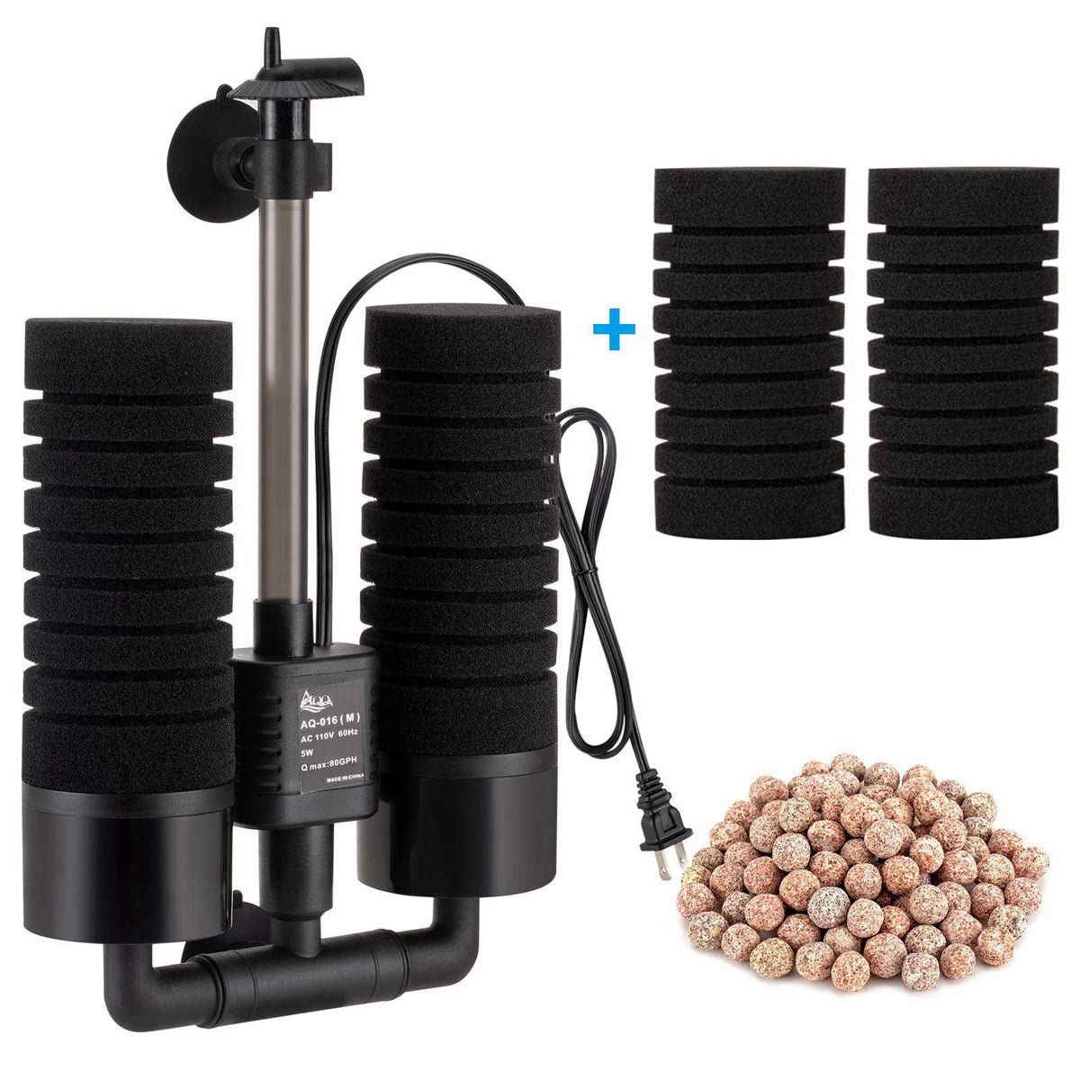 AQQA Aquarium Sponge Water Filter, Power Driven Double Biochemical Filter – Large