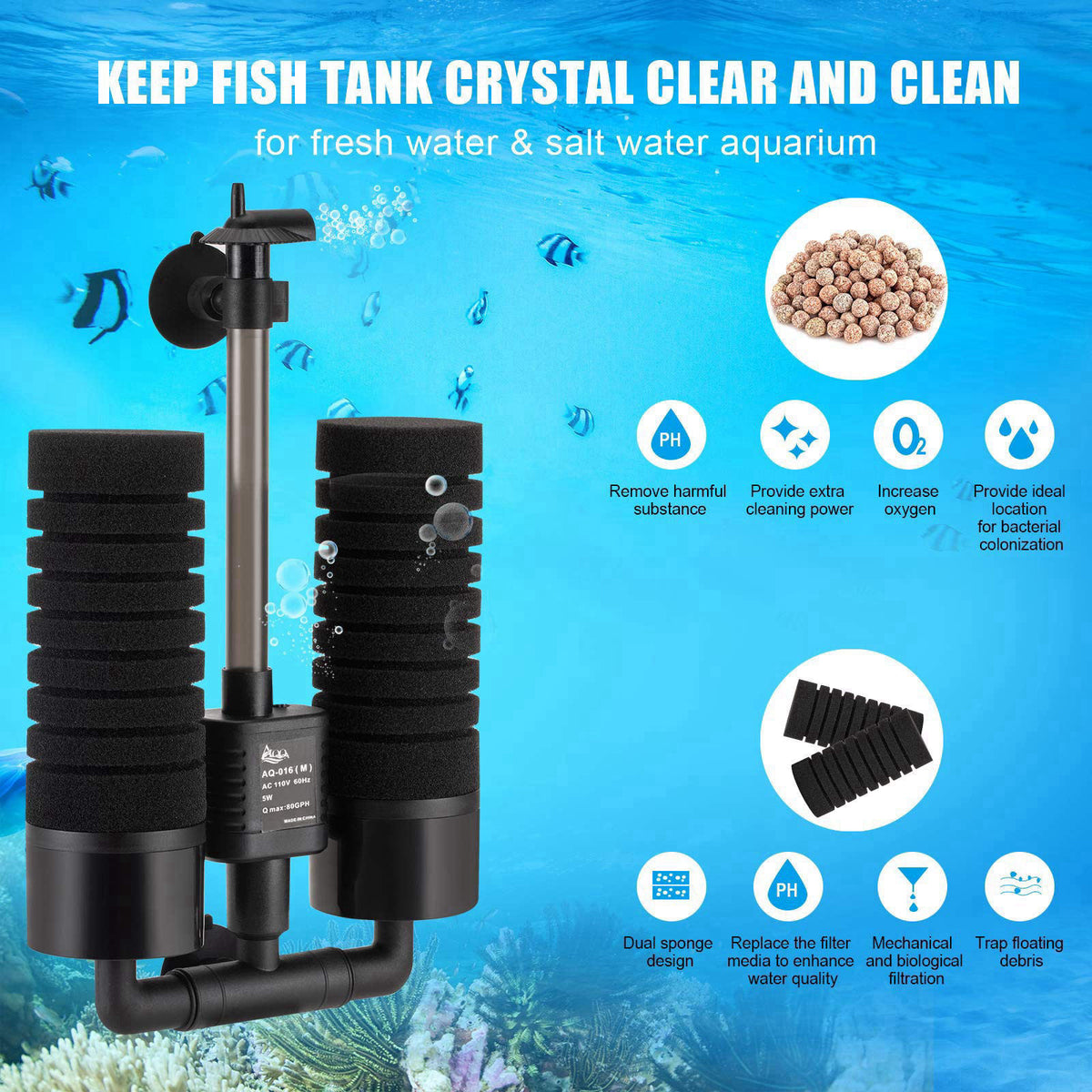 AQQA Aquarium Sponge Water Filter, Power Driven Double Biochemical Filter – close-up detail