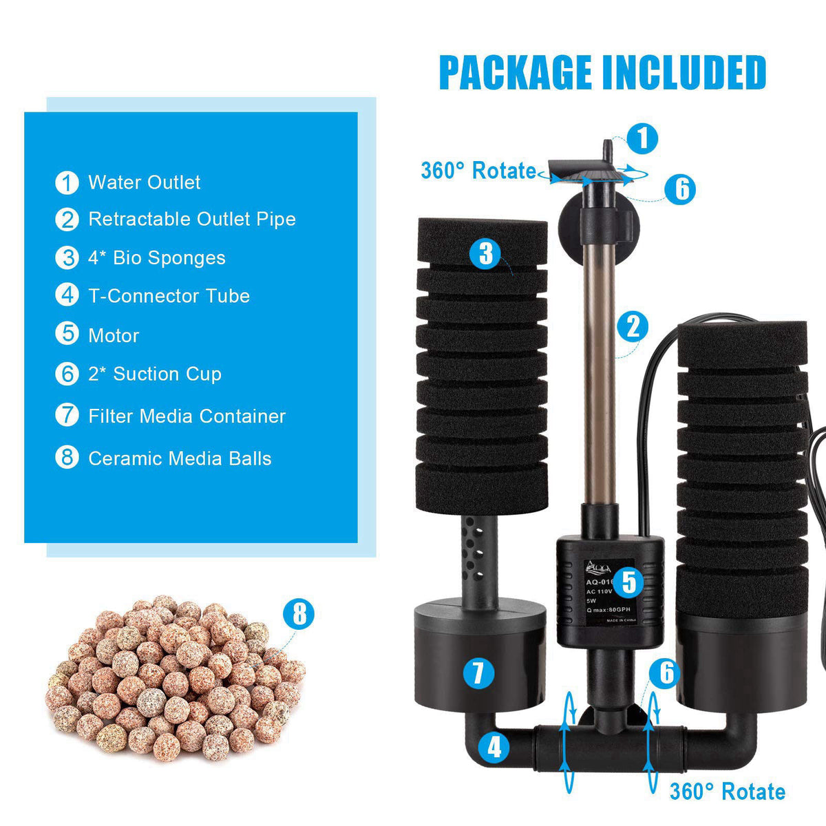 AQQA Aquarium Sponge Water Filter, Power Driven Double Biochemical Filter – packaging and label
