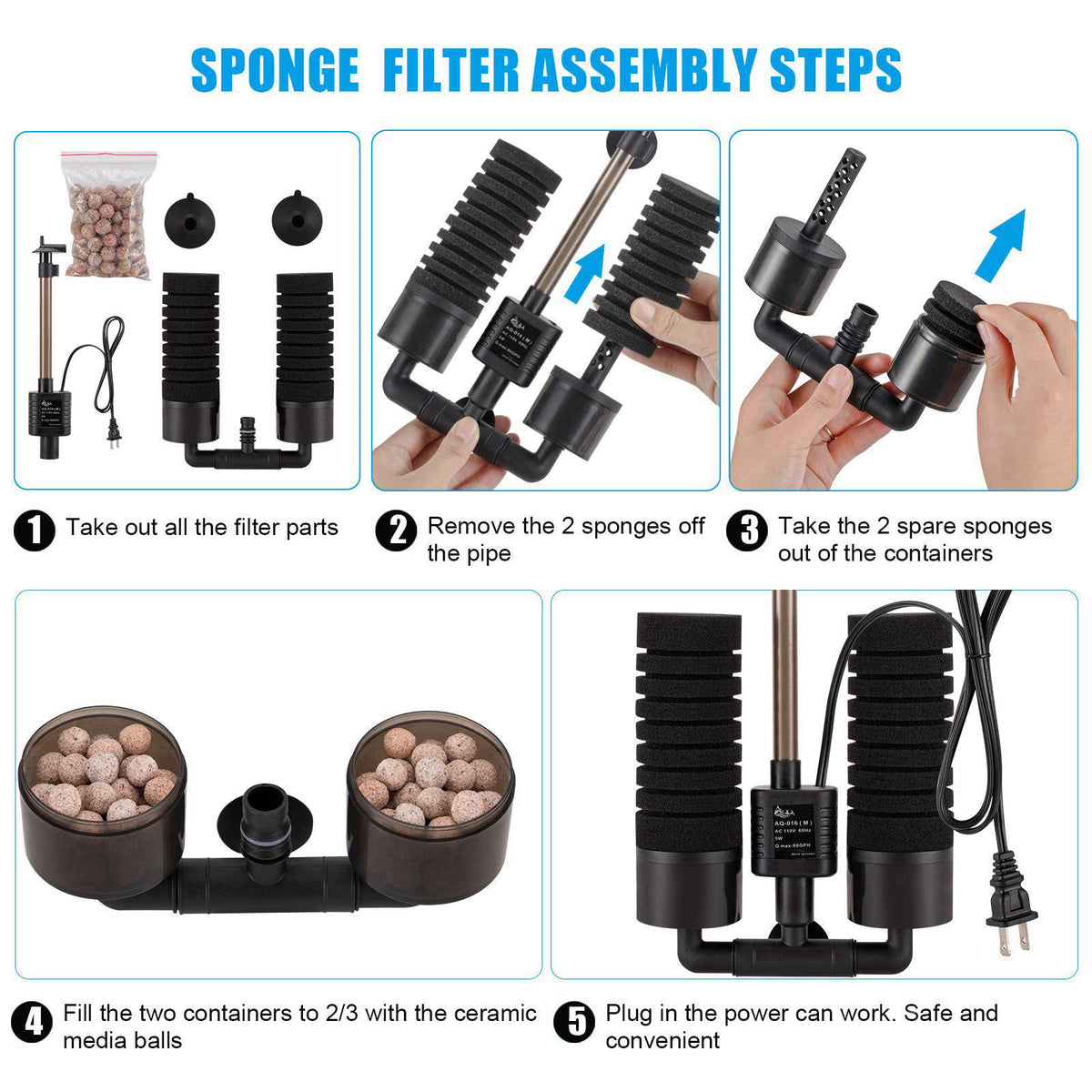 AQQA Aquarium Sponge Water Filter, Power Driven Double Biochemical Filter – full view, size Large