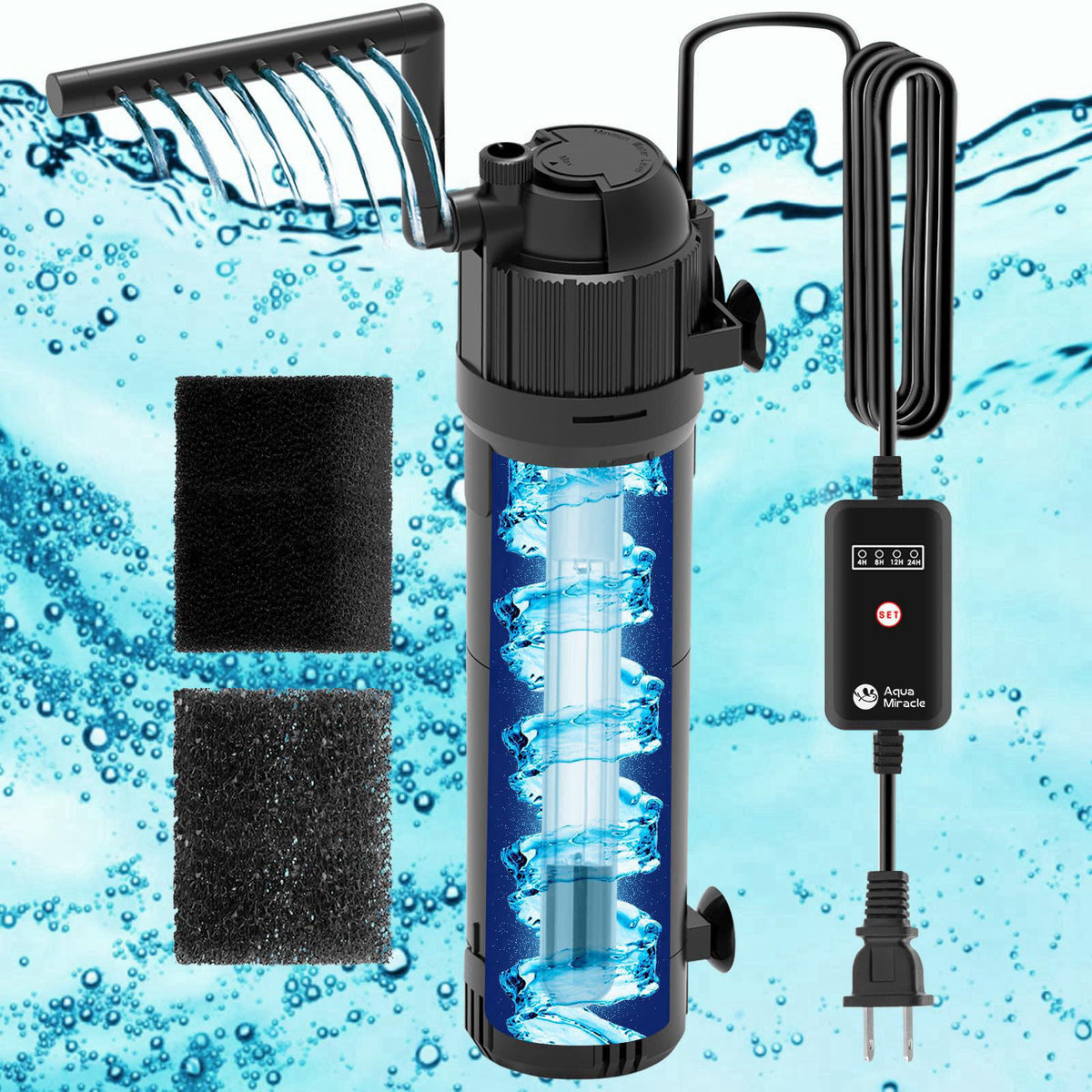 AquaMiracle Aquarium Filter for Green Water, U - V Fish Tank Filter with Timer (4/8/12/24 Hrs), Dual Mode (Aeration/Rain