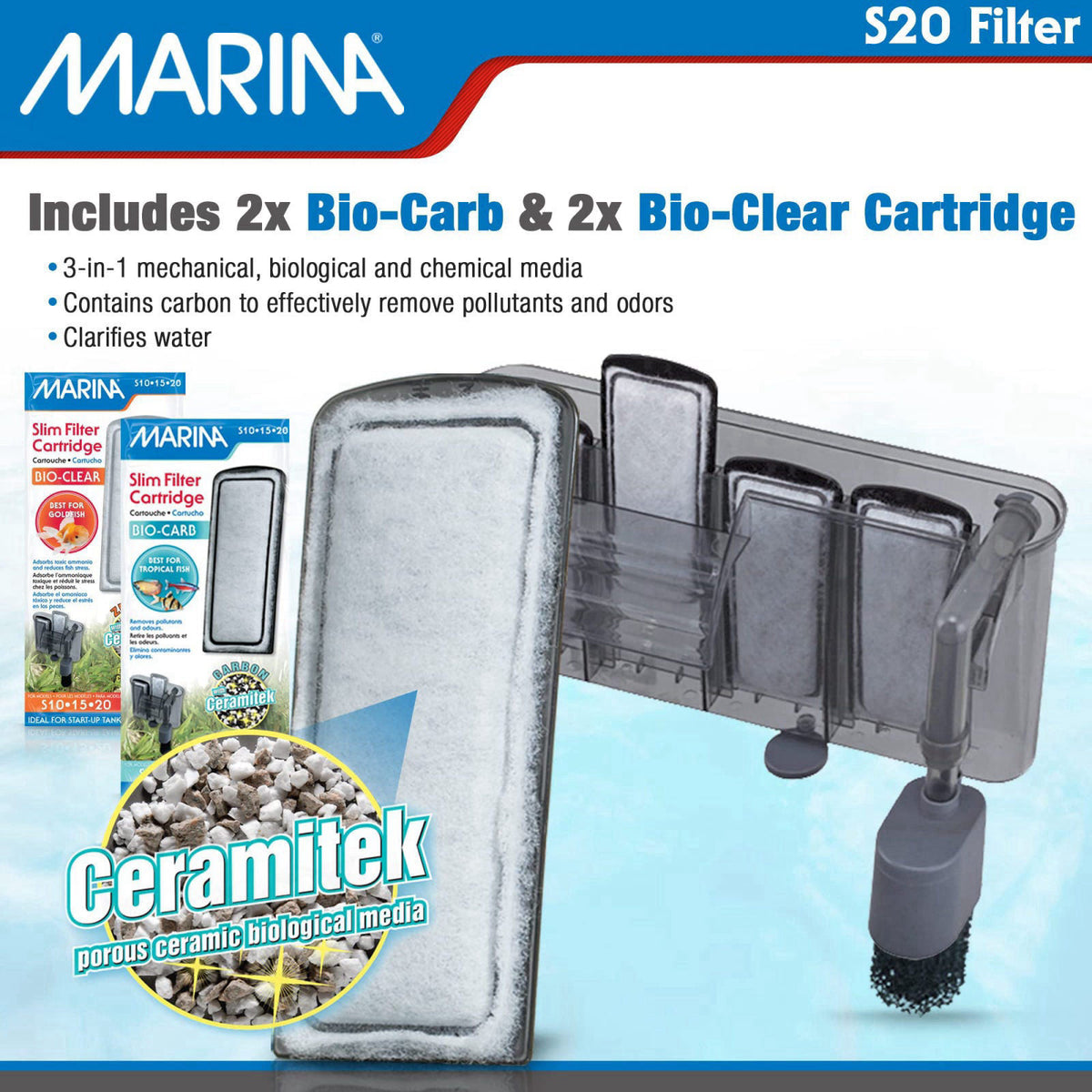 Marina S20 Power Filter,Grey – back view and specifications