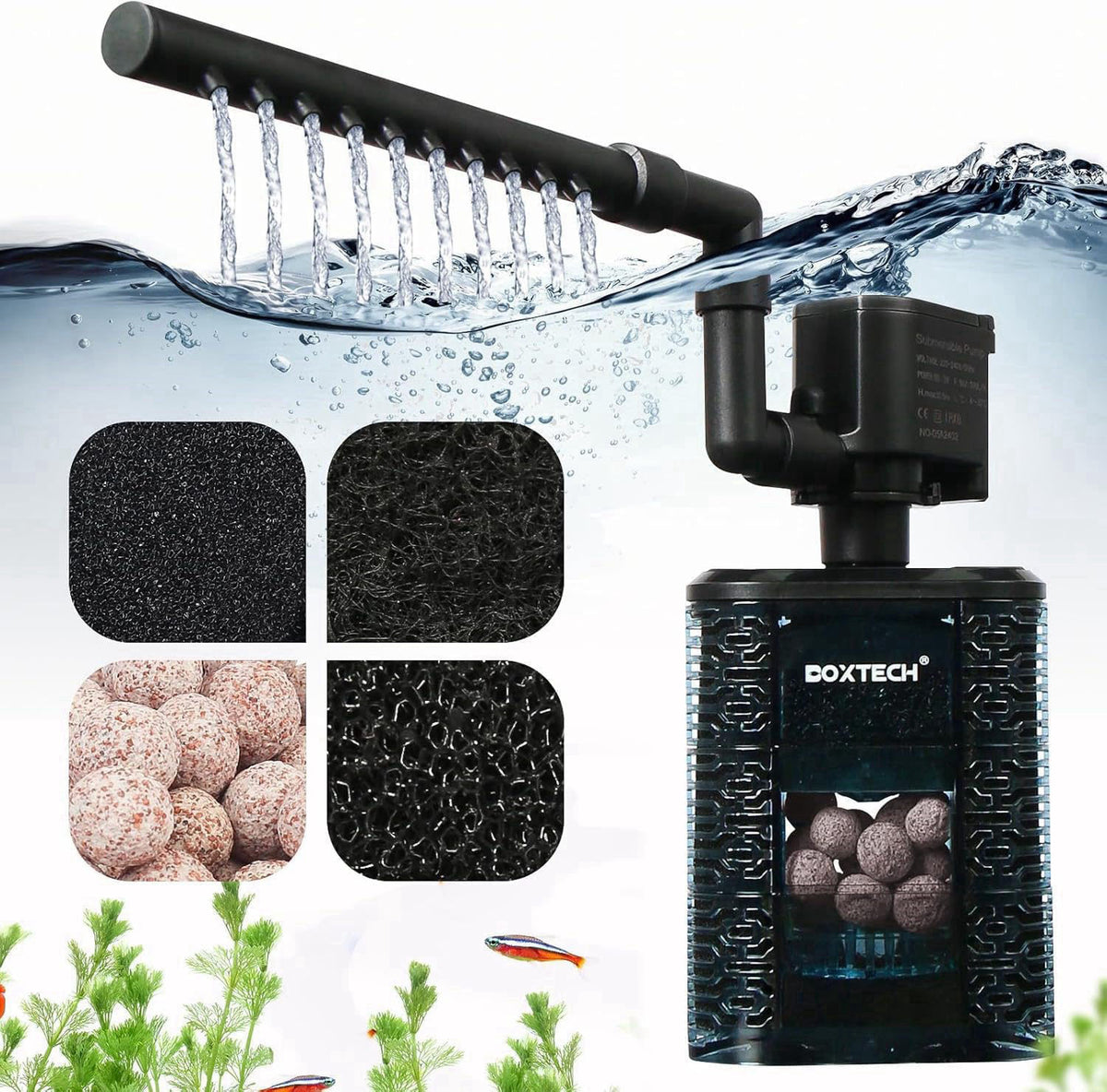 UPETTOOLS Fish Tank Filter for 20-40 Gallon Aquariums – Ultra Quiet Double Sponge Filter with Built-in Water Pump & 4-St