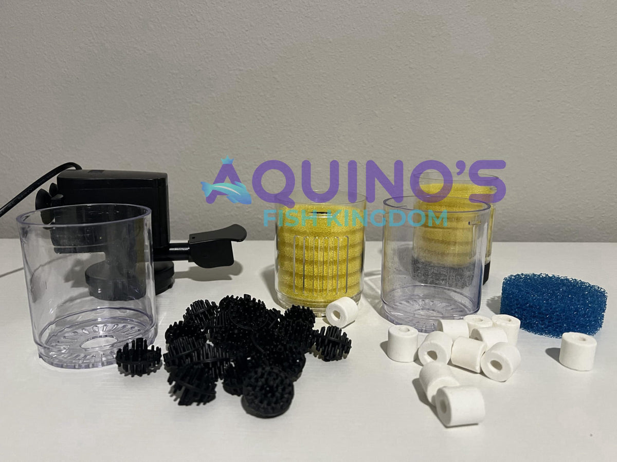 Aquinos Fish Kingdom 320 GPH Submersible Aquarium Filter for 10-160 Gallon Tanks, Media Included – back view and specifi