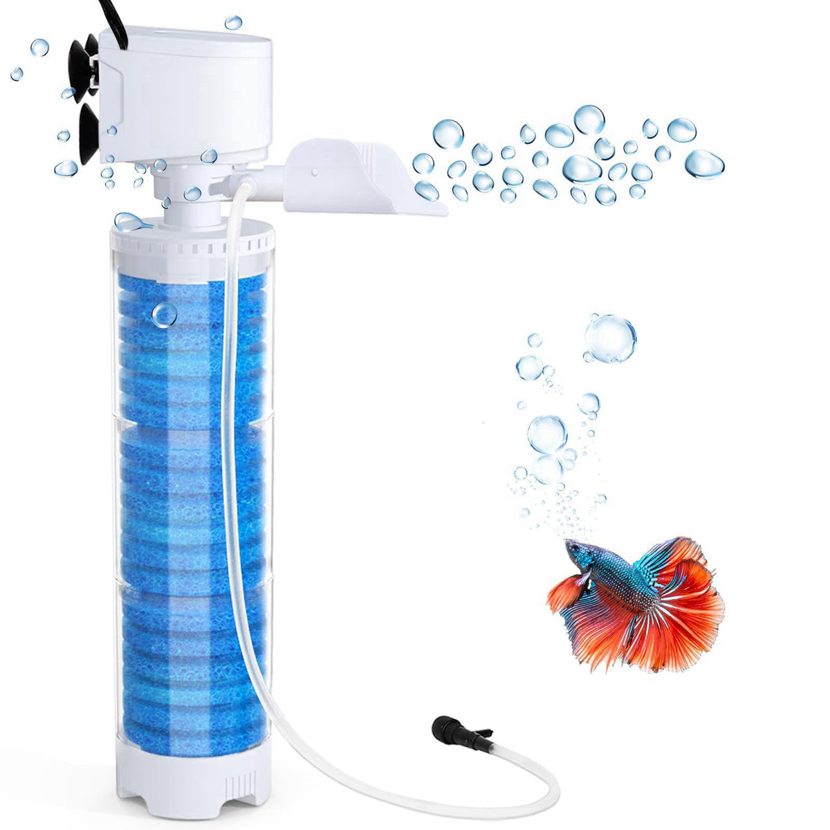 fishkeeper 4-in-1 Mutilstage Aquarium Filter, 8W Bubble Oxygen for 40-70Gal – Transparent and blue, 8W (for 40-70Gal)