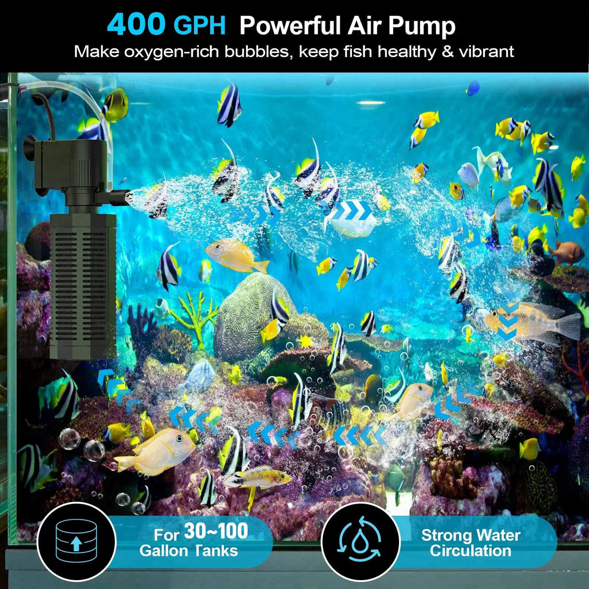 OQTTNEO 400GPH 4-in-1 Aquarium Filter 30~100 Gallon Quiet Fish Tank Filters – packaging and label