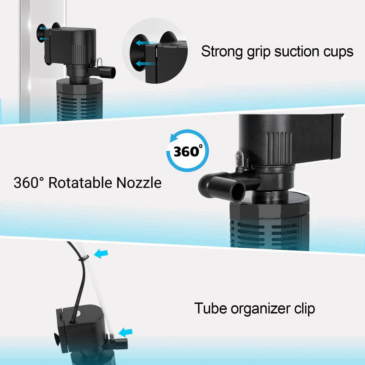 OQTTNEO 400GPH 4-in-1 Aquarium Filter 30~100 Gallon Quiet Fish Tank Filters – back view and specifications