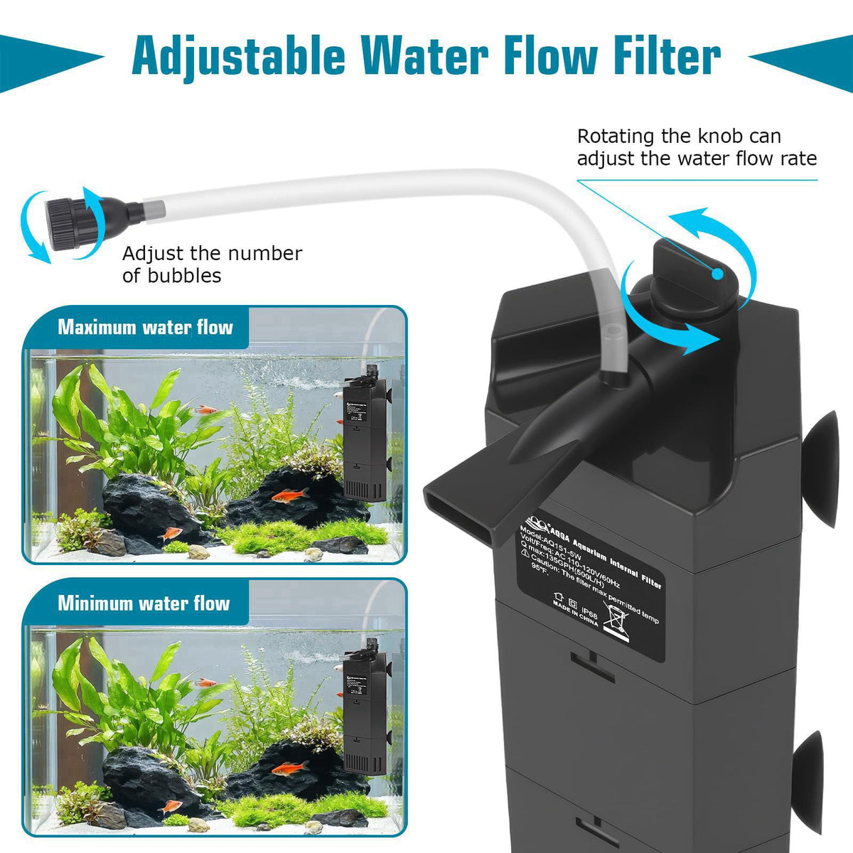 AQQA Submersible Aquarium Filter for 50-100Gal Fish Tank Whisper Fish Corner Filters with Adjustable Waterflow for Bio F