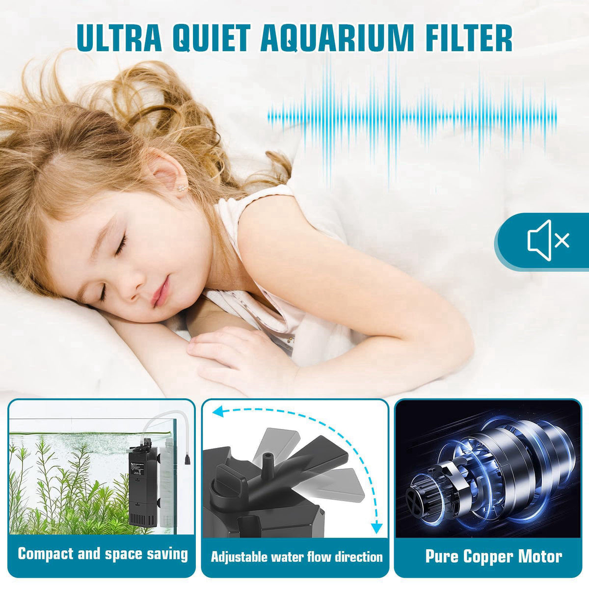 AQQA Submersible Aquarium Filter for 50-100Gal Fish Tank Whisper Fish Corner Filters with Adjustable Waterflow for Bio F