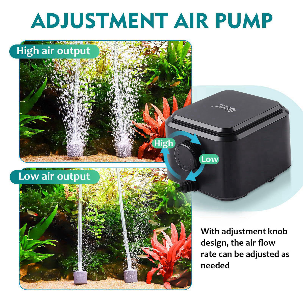 hygger Quiet <30dB Aquarium Air Pump, Adjustable Low Decibel Oxygen Fish Tank Pump 2 Air Outlets Ultra Silent Powerfu