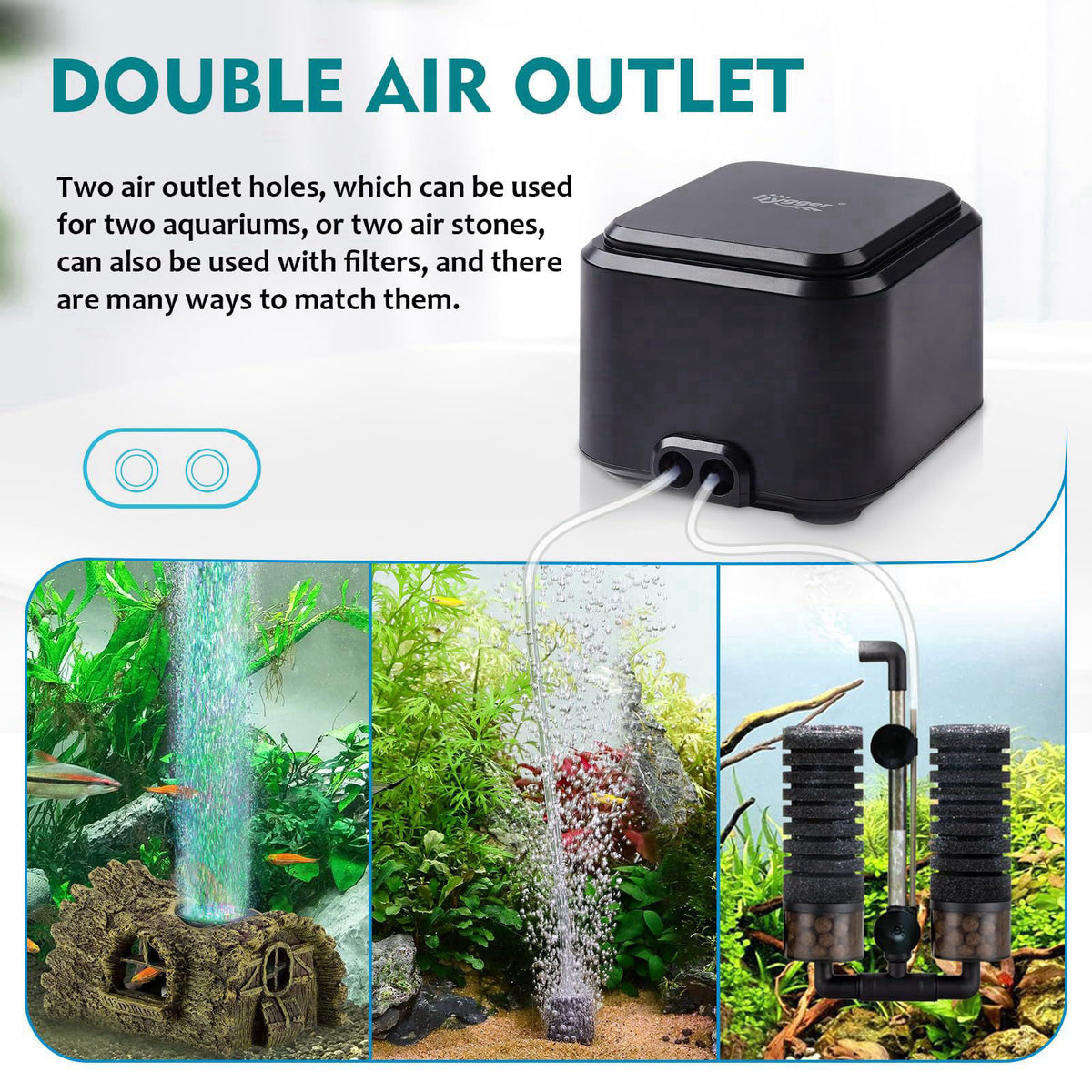 hygger Quiet <30dB Aquarium Air Pump, Adjustable Low Decibel Oxygen Fish Tank Pump 2 Air Outlets Ultra Silent Powerfu