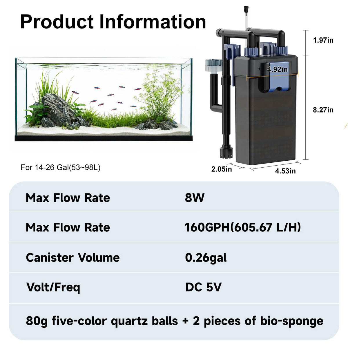 SYSENCIAGA Hang-On-Back Aquarium Filter (8W, 14-26 Gal) – alternate angle