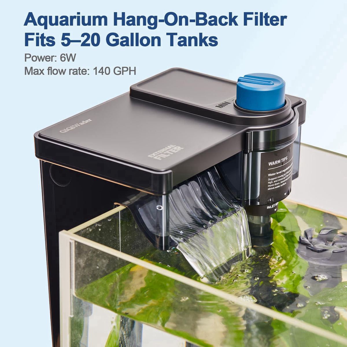 QiQiWader Hang on Back Aquarium Filter，Aquarium Filter，Quiet for 5-20 Gal. – close-up detail in black
