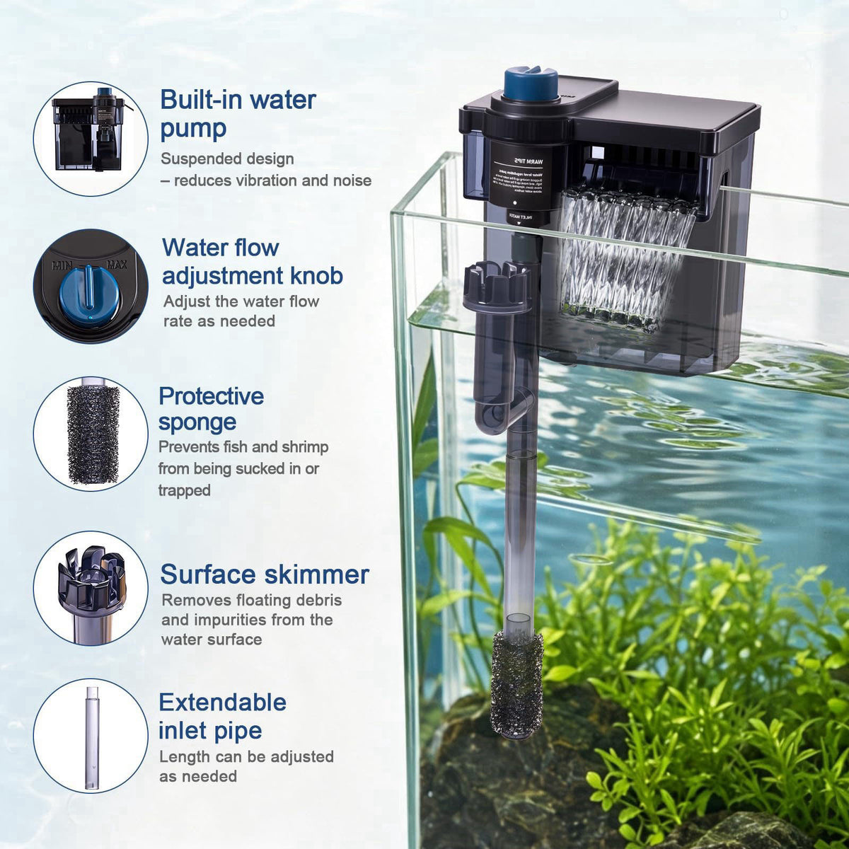 QiQiWader Hang on Back Aquarium Filter，Aquarium Filter，Quiet for 5-20 Gal. – alternate angle