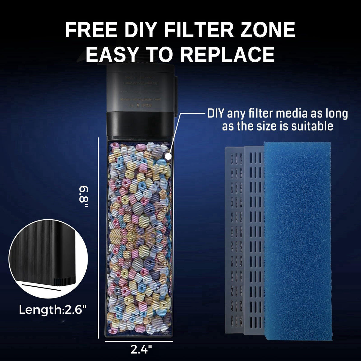 SainSmart XpertMatic Aquarium Filter 220GPH, Submersible Powerful Pump for 20-50 Gal – back view and specifications