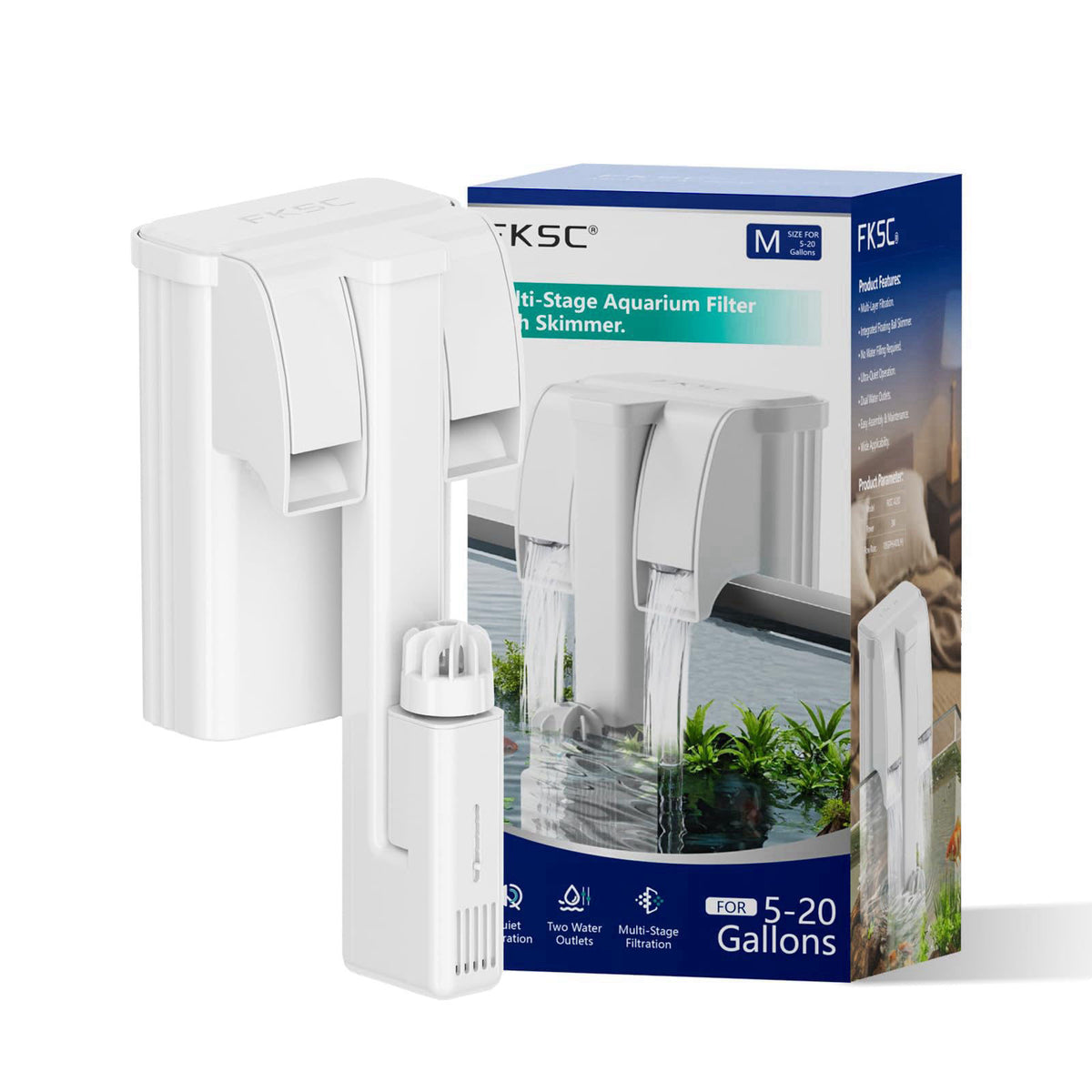 FKSC Hang On Back Aquarium Filter for 5–20 Gallons Fish Tanks, 3-Stage Multi-Stage Filtration with Surface Skimmer, Ultr