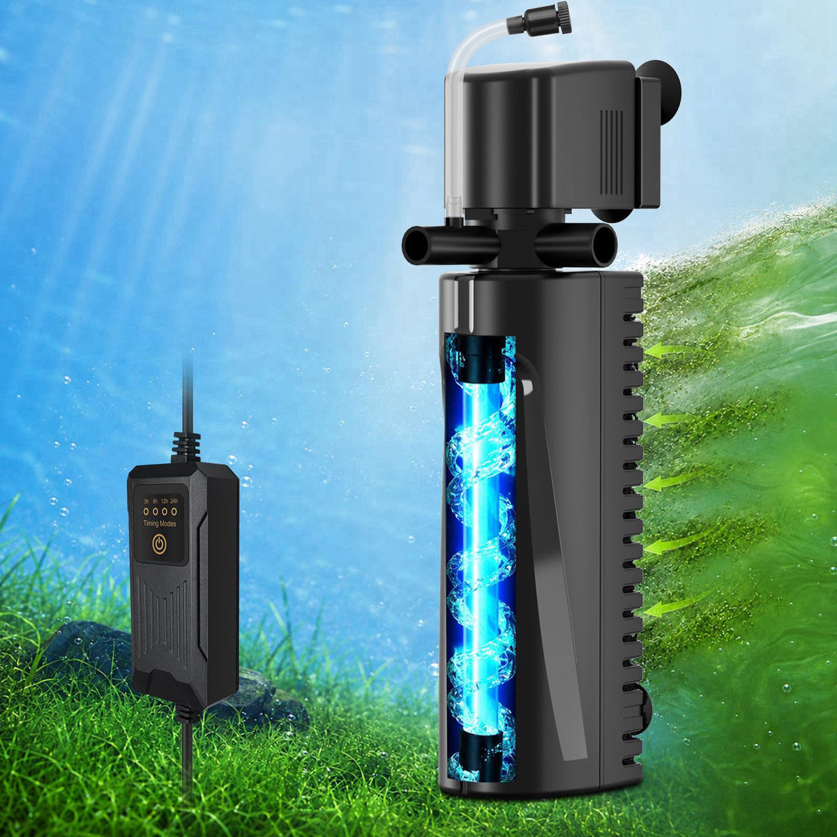 Devopet Aquarium U-V Filter for Green Water, Fish Tank Filter with U-V Light & Timer, Turtle Tank Filter with Dual Outle