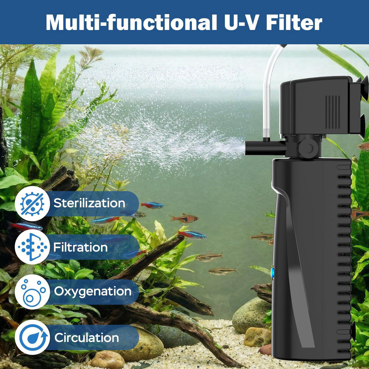 Devopet Aquarium U-V Filter for Green Water, Fish Tank Filter with U-V Light & Timer, Turtle Tank Filter with Dual Outle