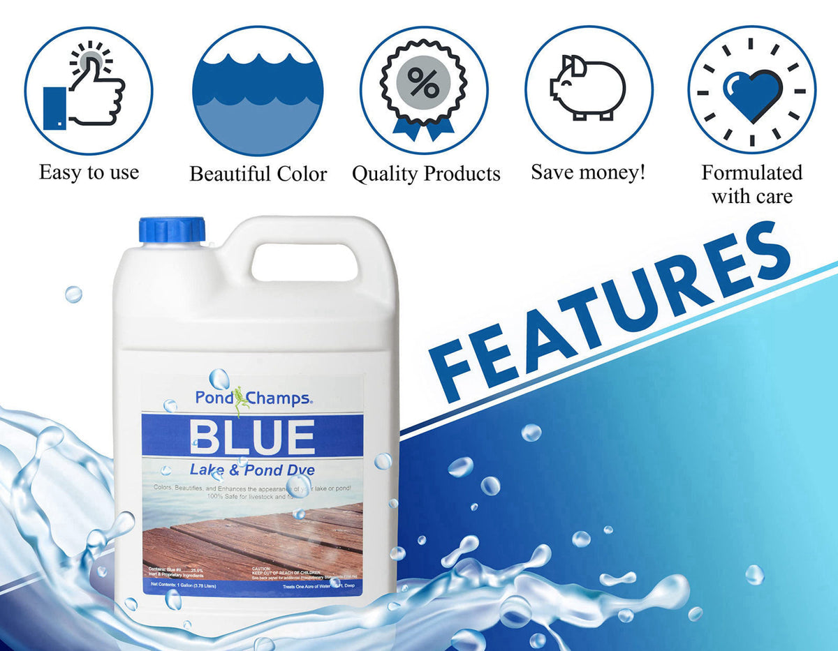 Pond Champs Blue Lake and Pond Dye - One Gallon of Professional Lake & Pond Dye - Treats Up to 1 Acre - Royal Blue Color