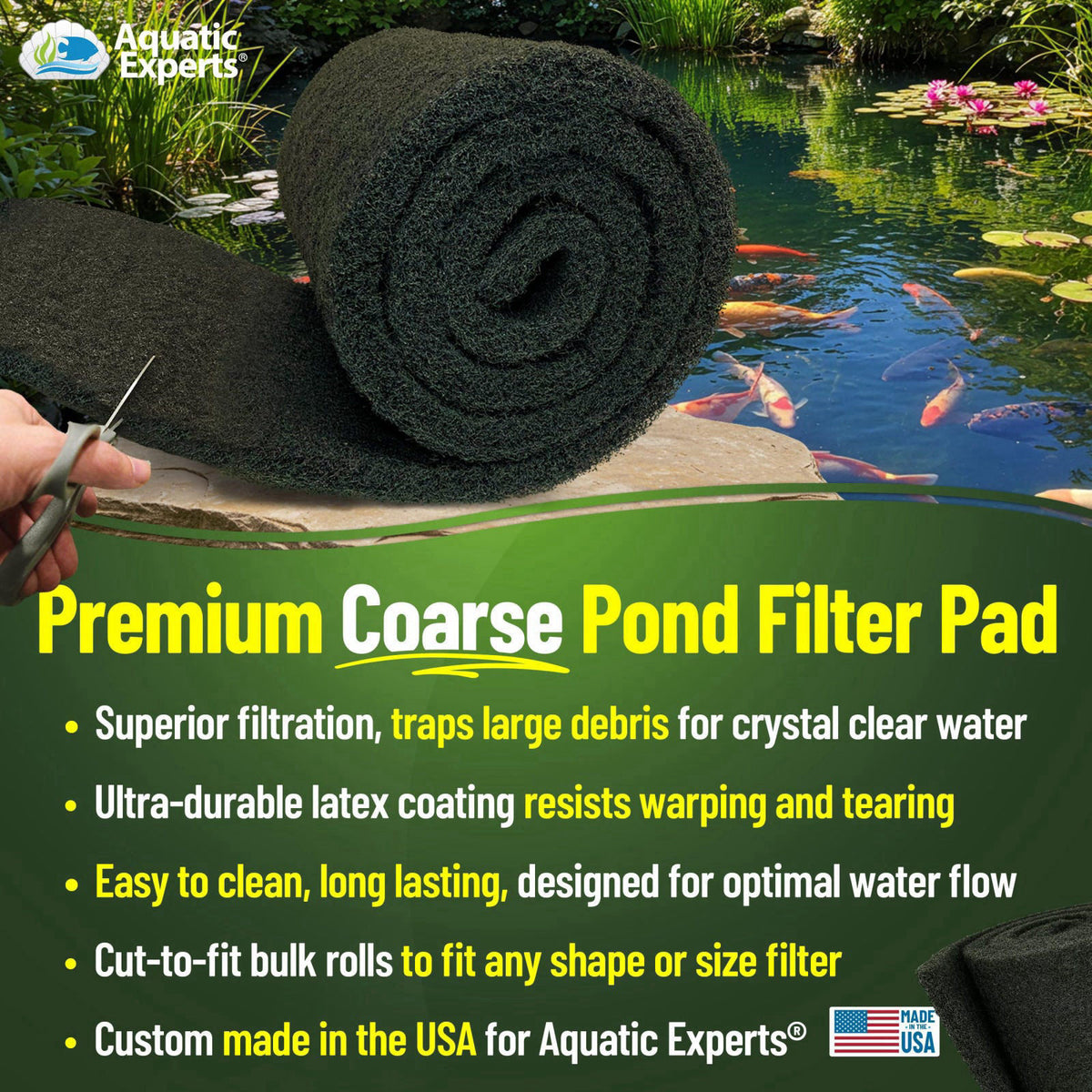 Aquatic Experts Classic Koi Pond Filter Pad COARSE – Bulk Roll Pond Filter Media, Rigid Ultra-Durable Latex Coated Fish 