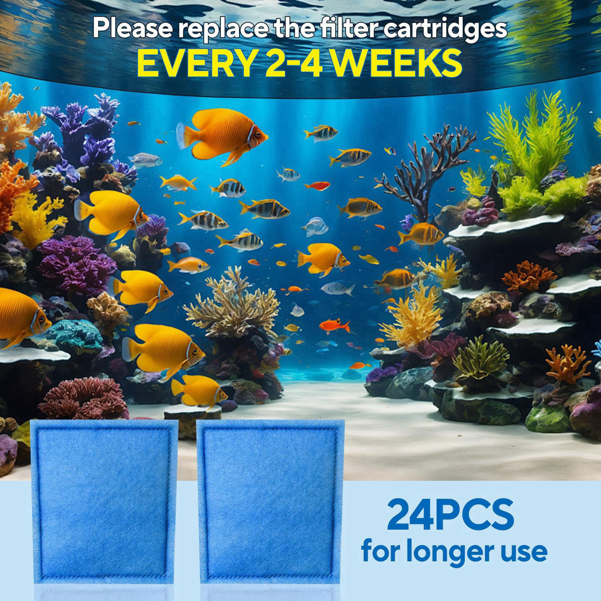 Filpowis 24 Pack Aquarium Filter Cartridges for EZ-Change #3 & 20-60 Gallon Tanks – back view and specifications