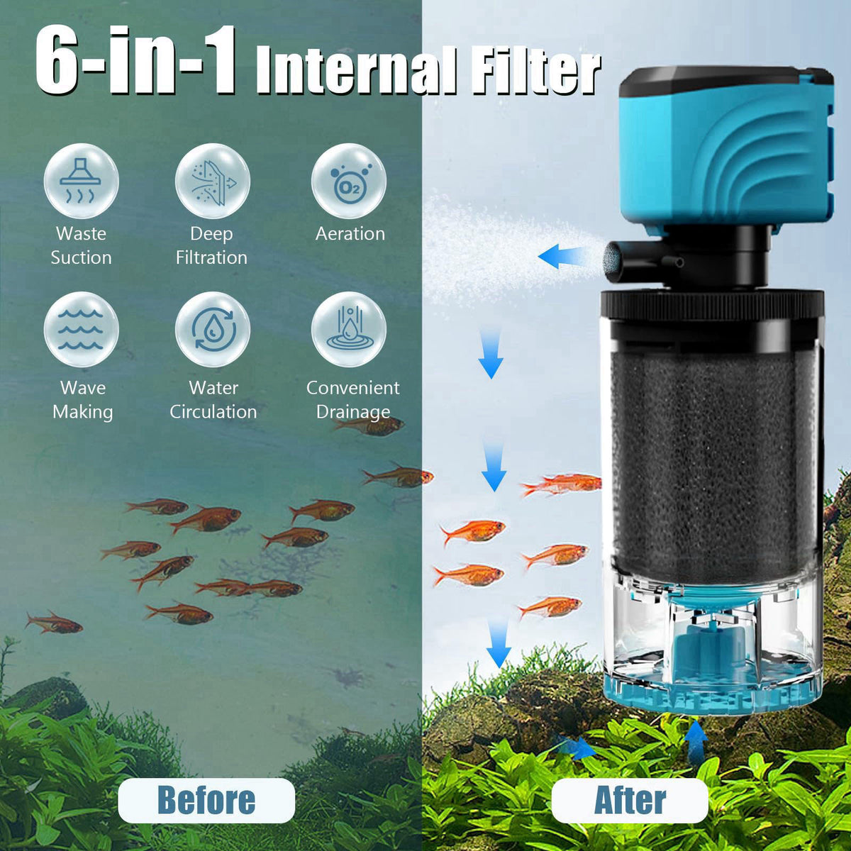 Aulofee Submersible Filter, Upgraded 10-45 Gallon Fish Tank Filter, Debris Tray, Fish Guard, Fresh/Saltwater, Silent, 8-