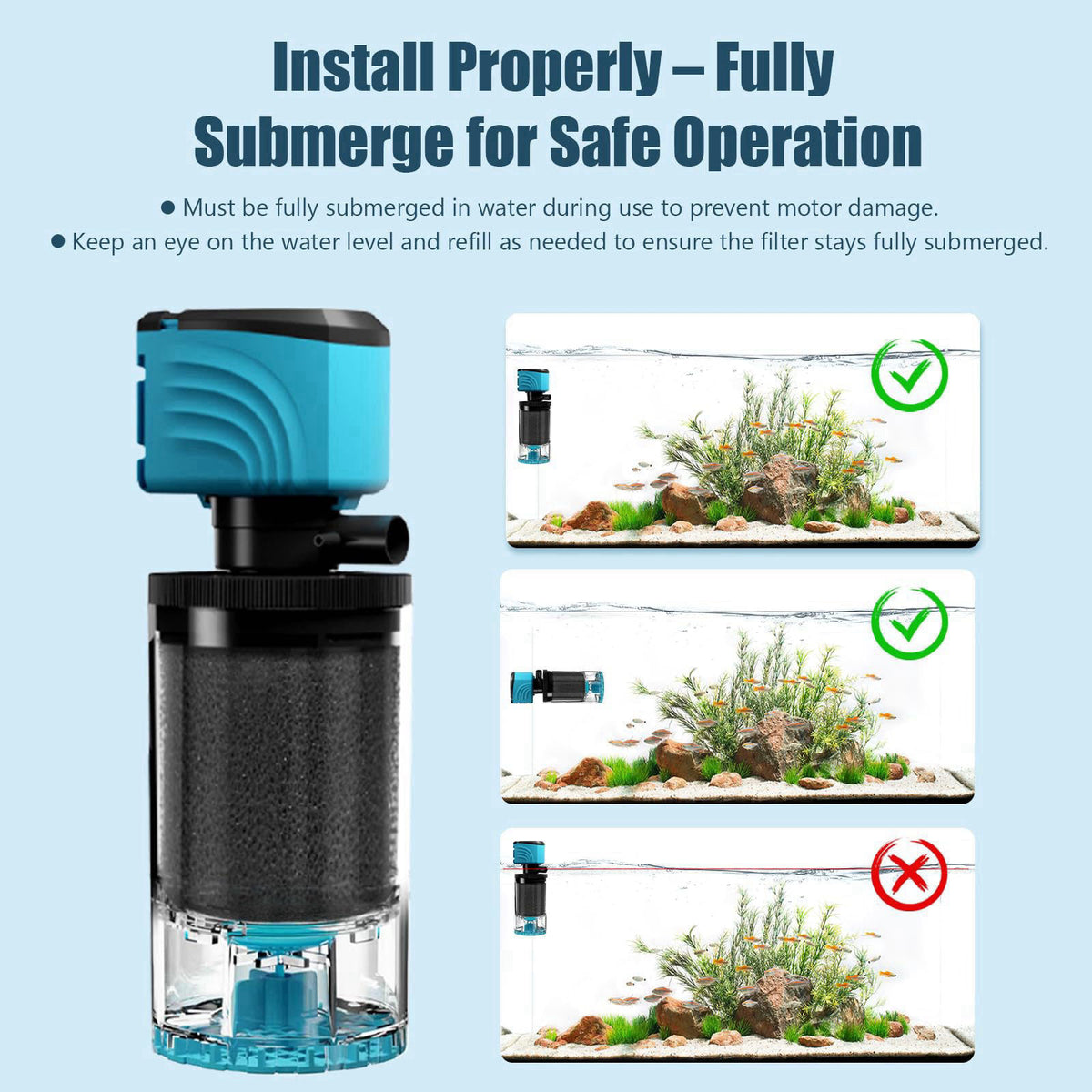 Aulofee Submersible Filter, Upgraded 10-45 Gallon Fish Tank Filter, Debris Tray, Fish Guard, Fresh/Saltwater, Silent, 8-