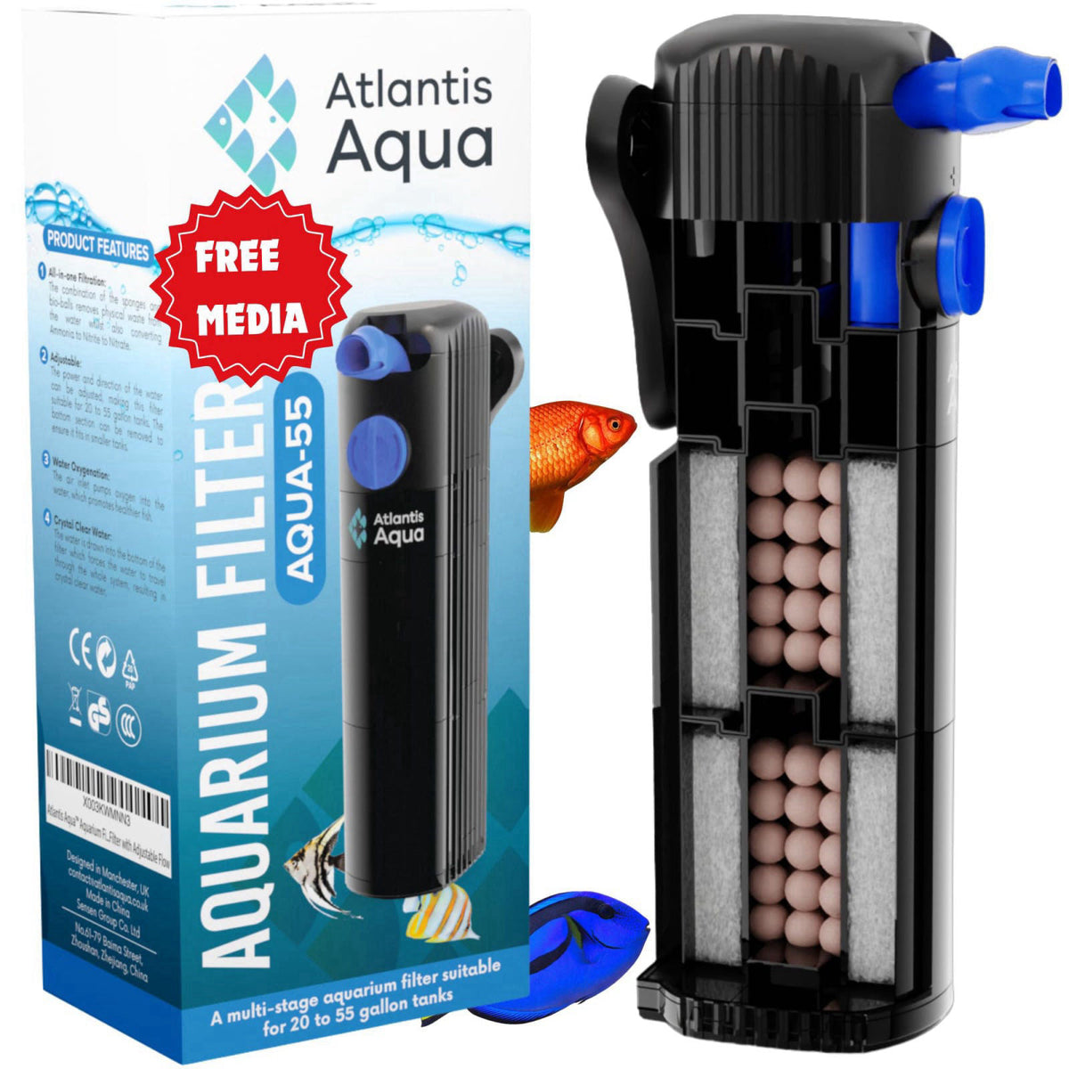 Atlantis Aqua 20 Gallon Fish Tank Filter up to 55 Gallons | Quiet Fish Tank Filter | Crystal Clear Water | Turtle Tank F