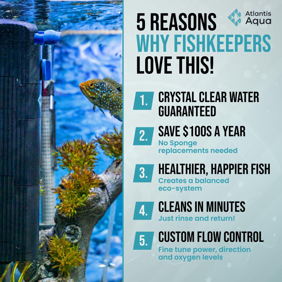 Atlantis Aqua 20 Gallon Fish Tank Filter up to 55 Gallons | Quiet Fish Tank Filter | Crystal Clear Water | Turtle Tank F