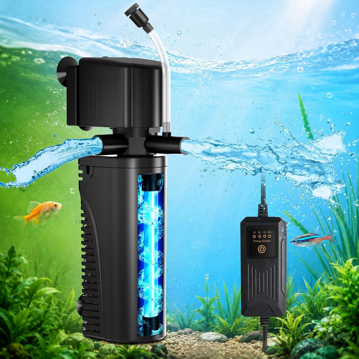 Devopet Aquarium U-V Filter for Green Water, Fish Tank Filter with U-V Light & Timer, Turtle Tank Filter with Dual Outle