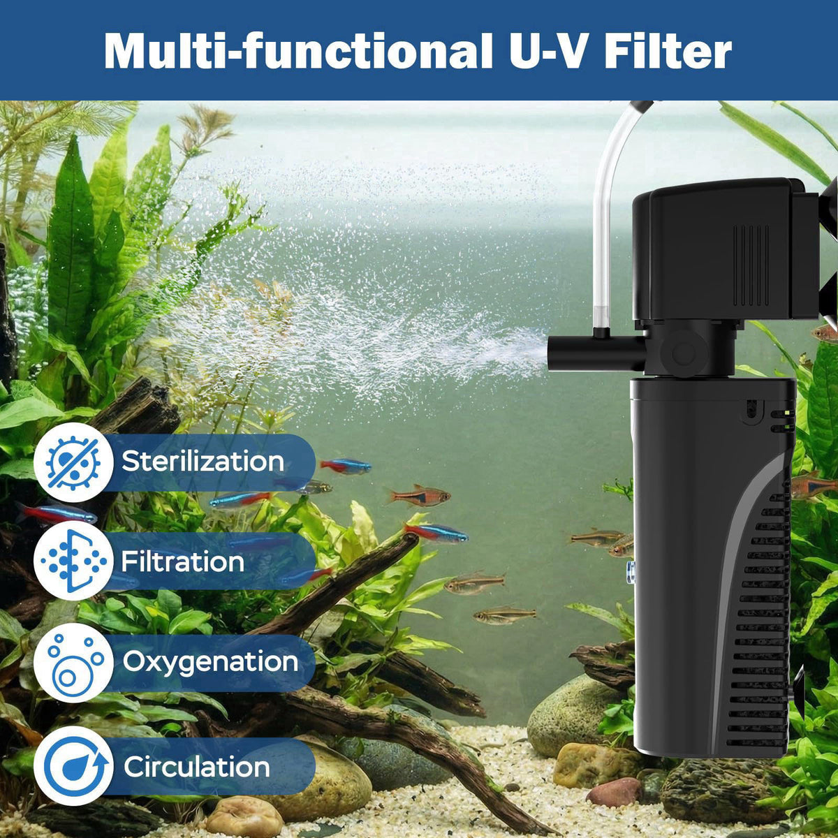 Devopet Aquarium U-V Filter for Green Water, Fish Tank Filter with U-V Light & Timer, Turtle Tank Filter with Dual Outle