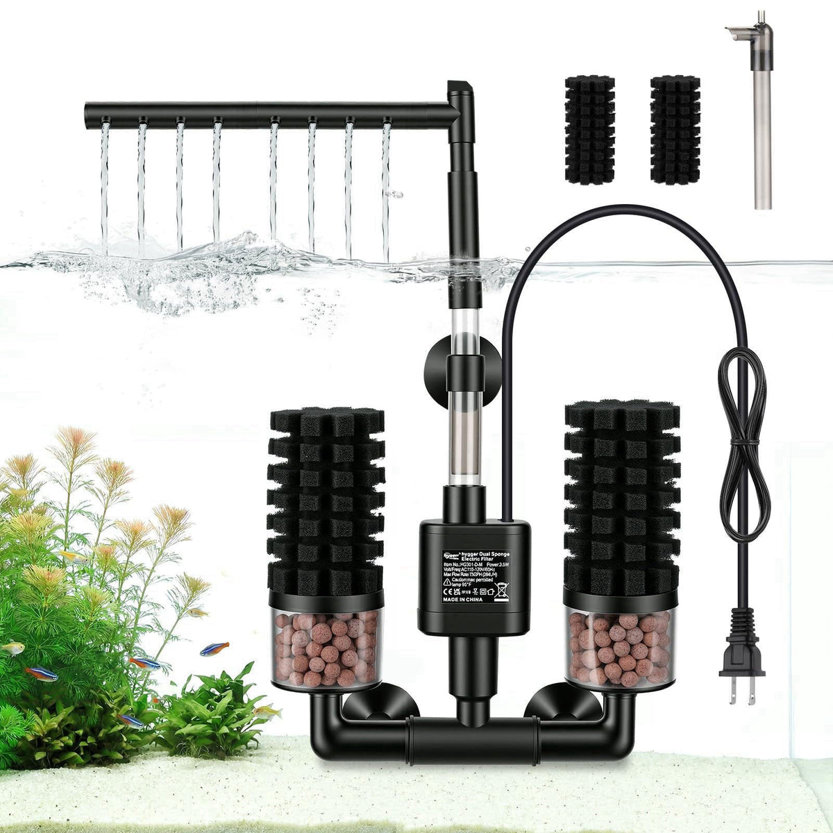 hygger Electric Aquarium Sponge Filter, 3.5W Quiet Fish Tank Filter Pump with 2 Spare Sponge & Bio Media Balls, Adjustab