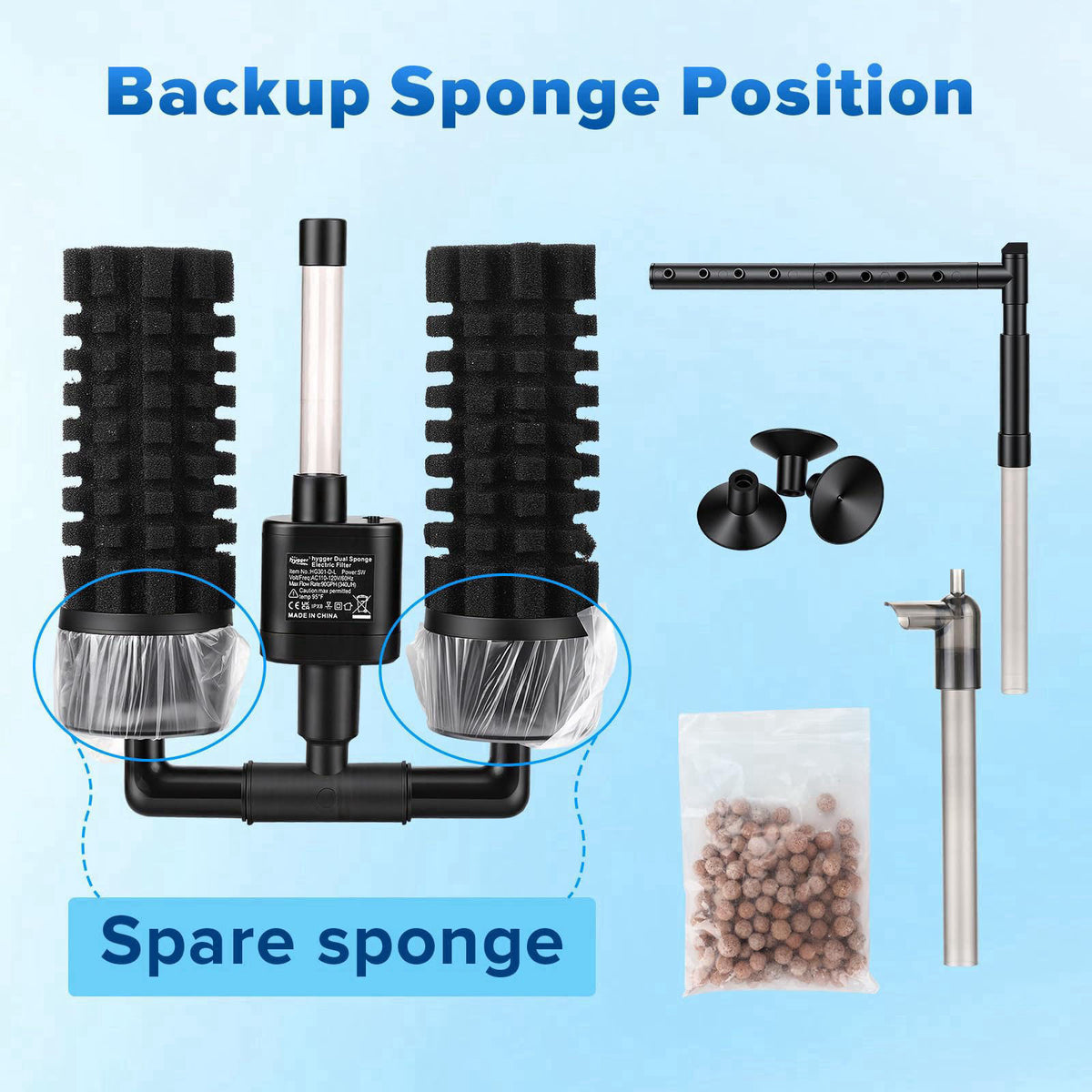 hygger Electric Aquarium Sponge Filter, 3.5W Quiet Fish Tank Filter Pump with 2 Spare Sponge & Bio Media Balls, Adjustab