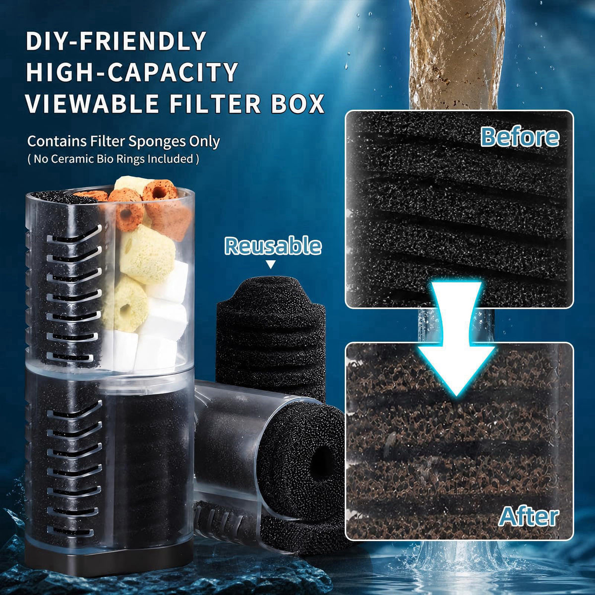 TARARIUM Aquarium Filter for Fish Tank, 4-in-1, Extra Large fit 75-300gal – packaging and label