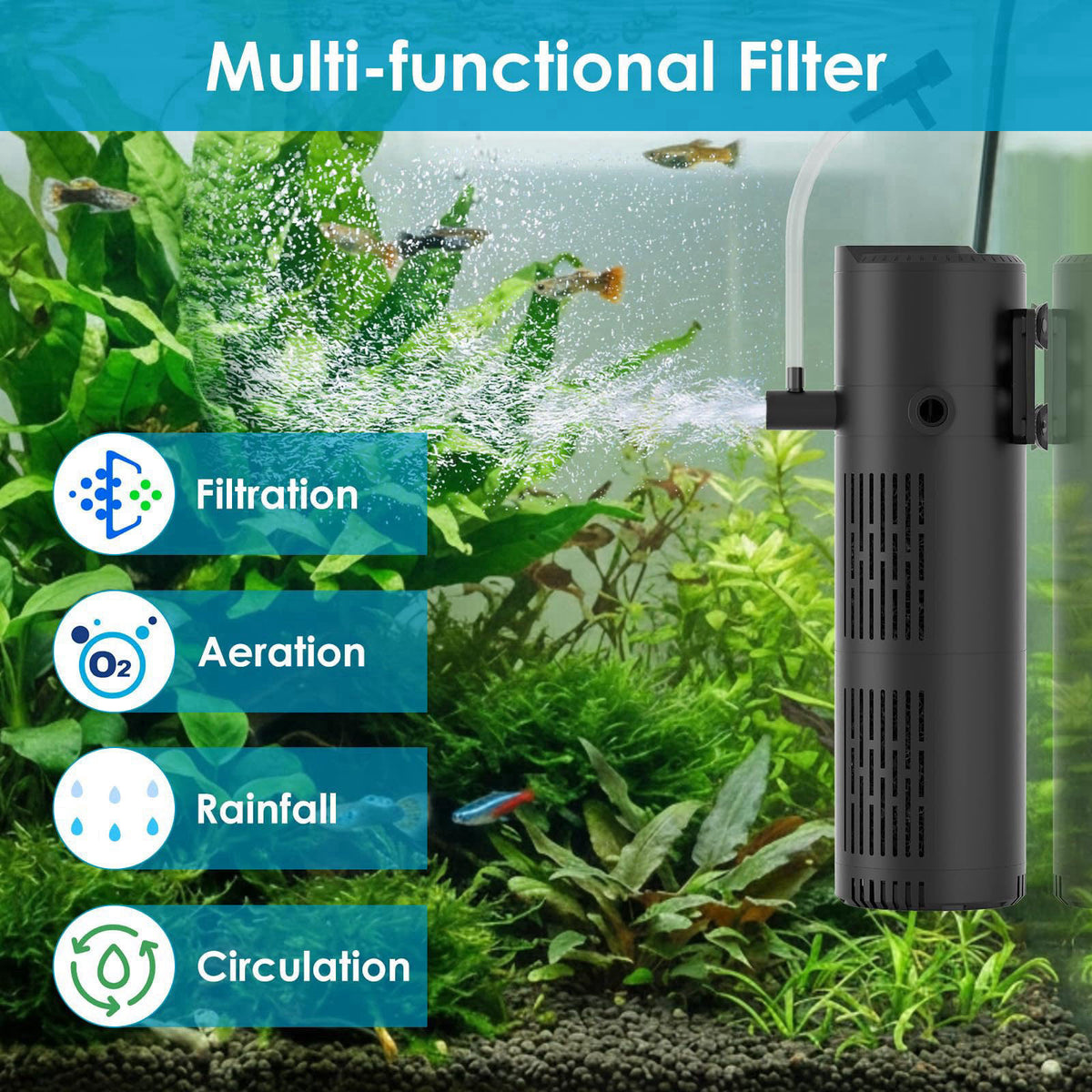 Devopet Aquarium Filter for 20-60 Gallon Tanks, Internal Fish Tank Filter, Submersible Turtle Tank Filter, with Aeration