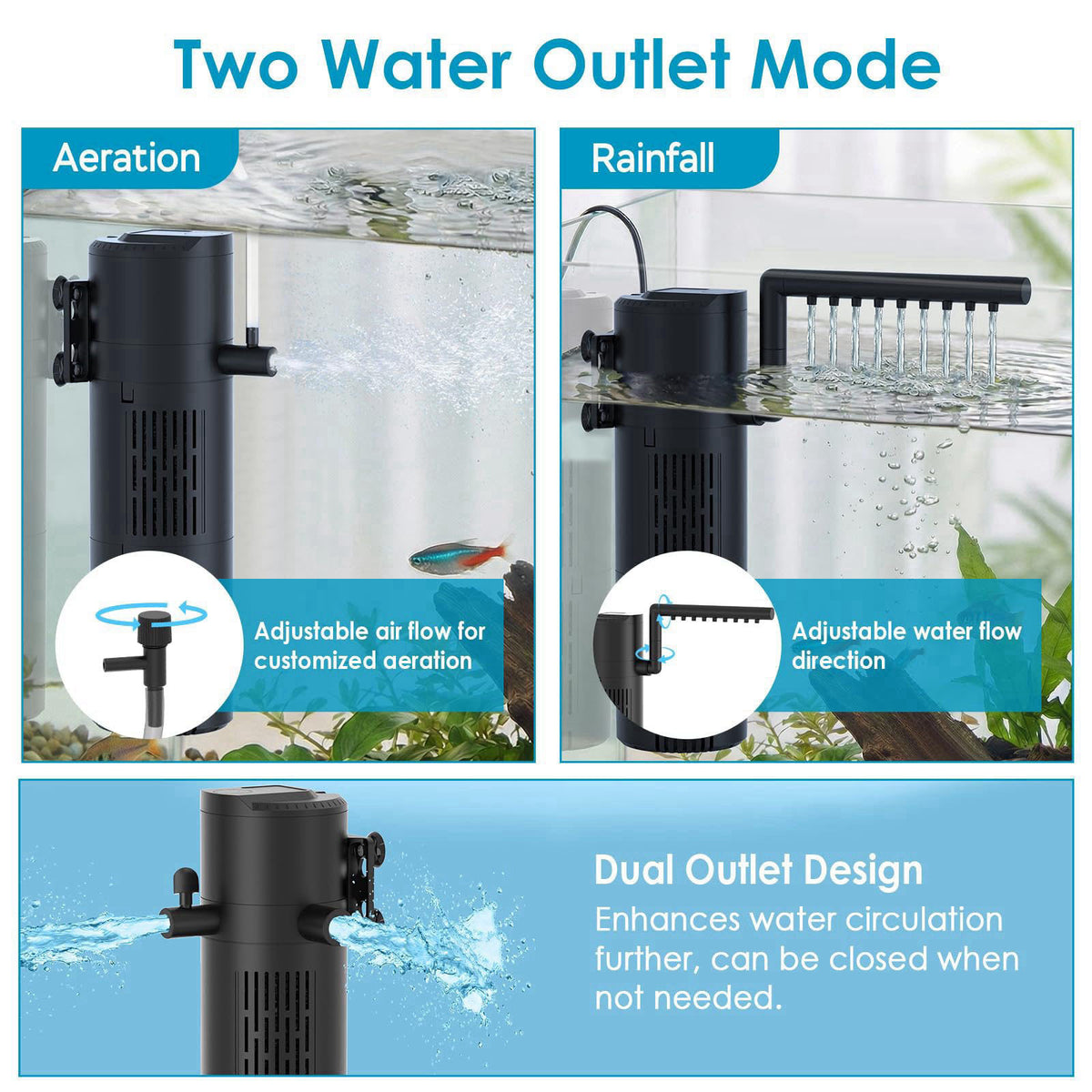 Devopet Aquarium Filter for 20-60 Gallon Tanks, Internal Fish Tank Filter, Submersible Turtle Tank Filter, with Aeration