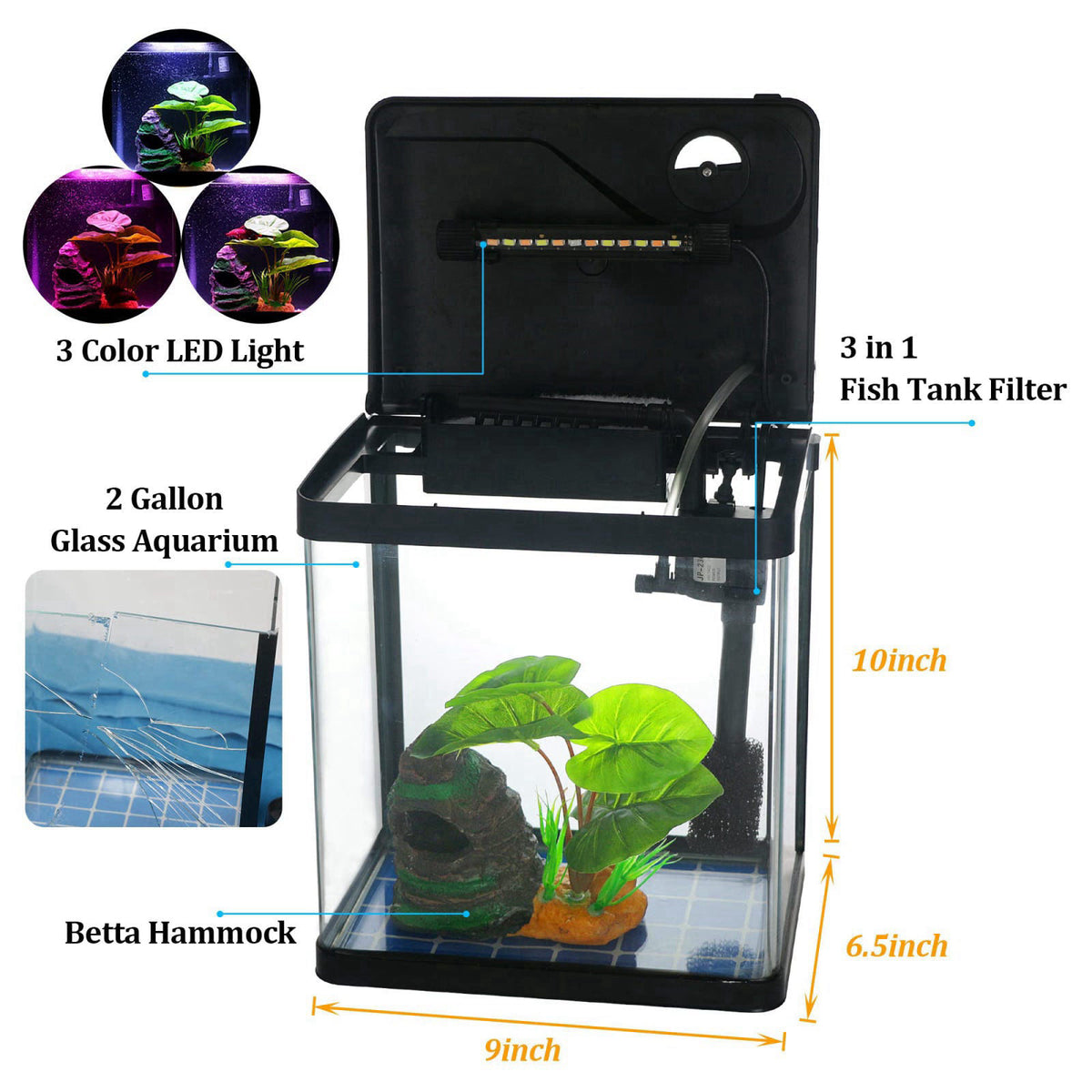COOSPIDER Betta Fish Tank Self Cleaning Glass 2 Gallon Small Nano Aquarium Starter Kits Desktop Room Decor w/LED Light D
