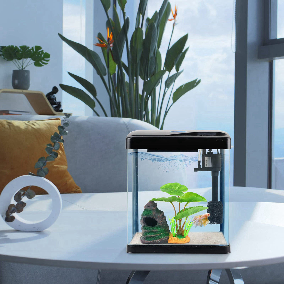 COOSPIDER Betta Fish Tank Self Cleaning Glass 2 Gallon Small Nano Aquarium Starter Kits Desktop Room Decor w/LED Light D