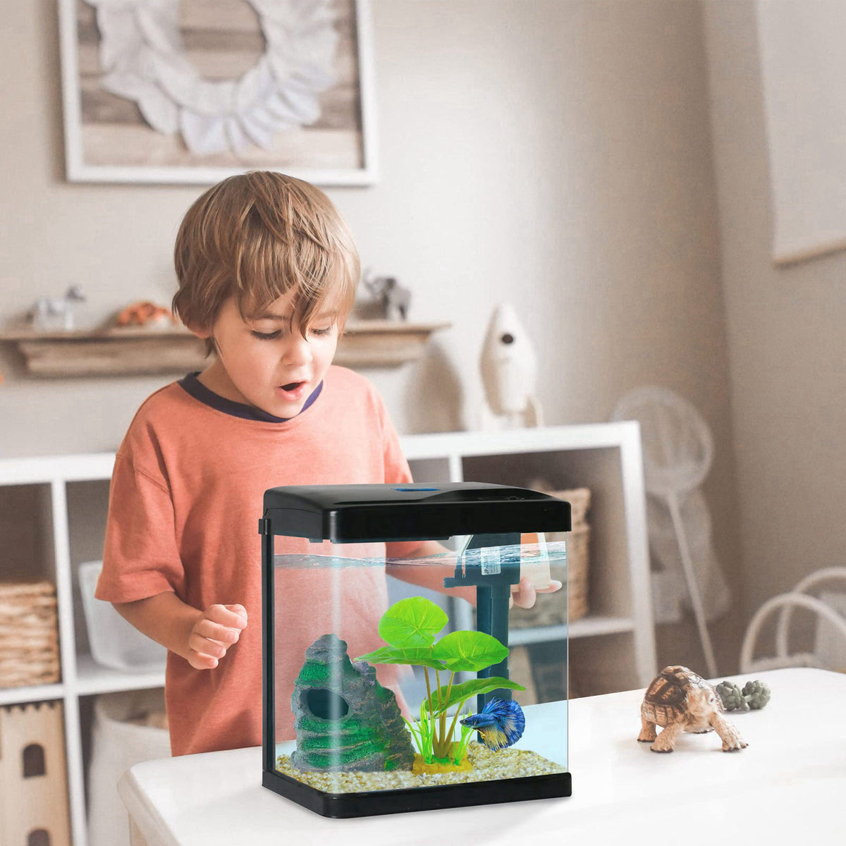 COOSPIDER Betta Fish Tank Self Cleaning Glass 2 Gallon Small Nano Aquarium Starter Kits Desktop Room Decor w/LED Light D