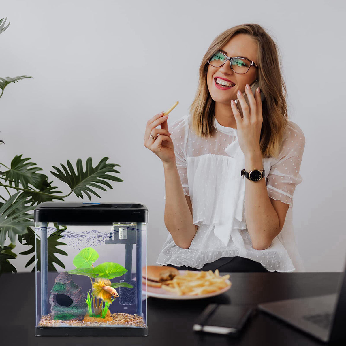 COOSPIDER Betta Fish Tank Self Cleaning Glass 2 Gallon Small Nano Aquarium Starter Kits Desktop Room Decor w/LED Light D