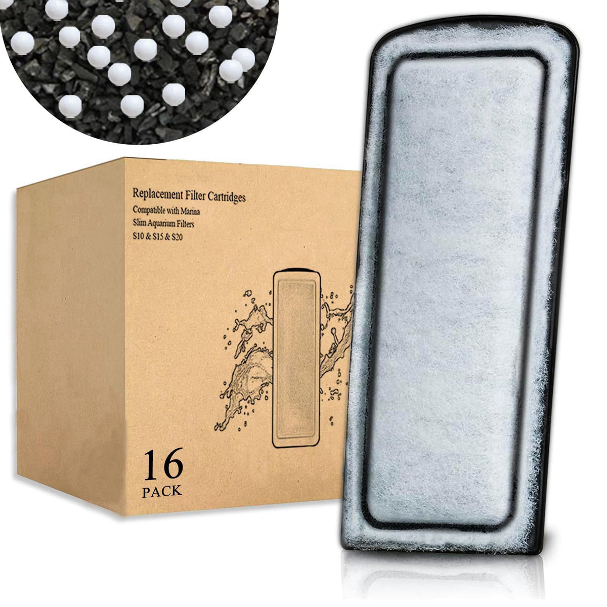 Pryitier 16 Pack Filter Cartridge for Marina Slim Filter S10/S15/S20, Replacement Fish Tank Cartridges with Ceramic for 
