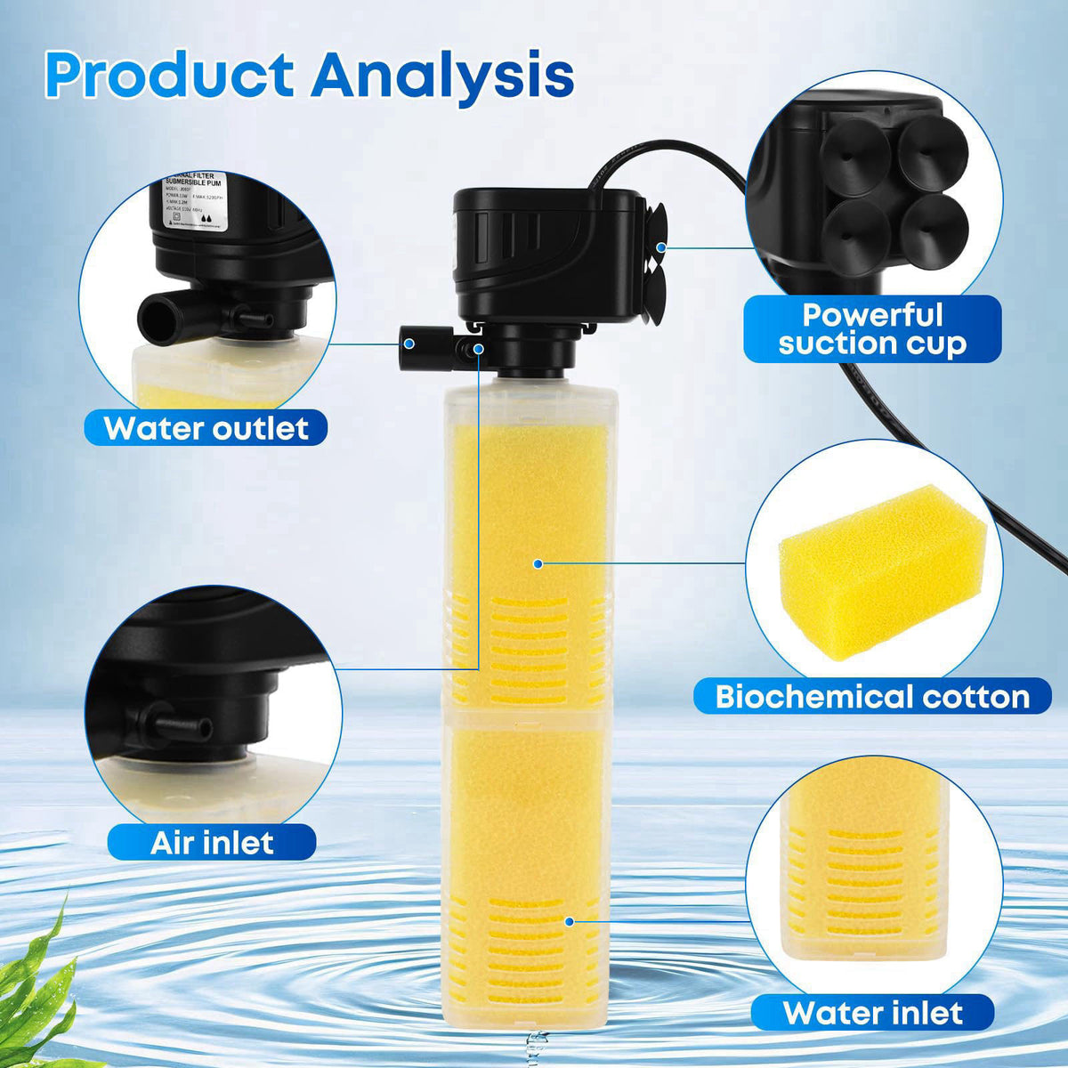 Donhallstar 320GPH Aquarium Filter for 40–100 Gallon Fish Tanks, 4-in-1 Submersible Internal Filter with Layered Filtrat
