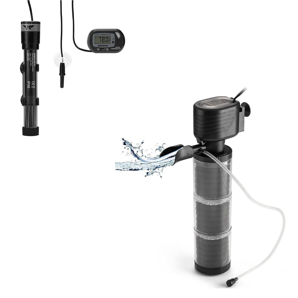 SainSmart XpertMatic Upgraded 35W 3 Stages 528 GPH Aquarium Filter XpertMatic Submersible Aquarium Heater – product phot