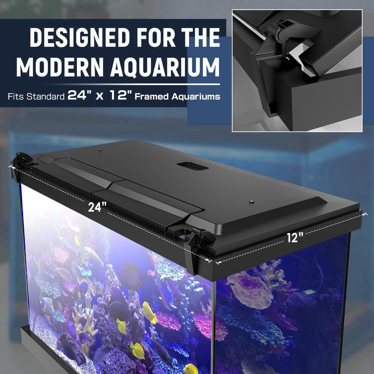 Blosail LED Aquarium Hood, Colored Lights, Fits 24" Framed Aquariums, Black – close-up detail in Black