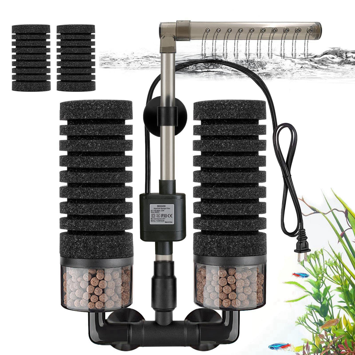DEGGOX Upgrade Aquarium Electric Power Sponge Filter with Submersible Pump ，Ultra-Quiet Motor with Bio Ceramic Media Bal