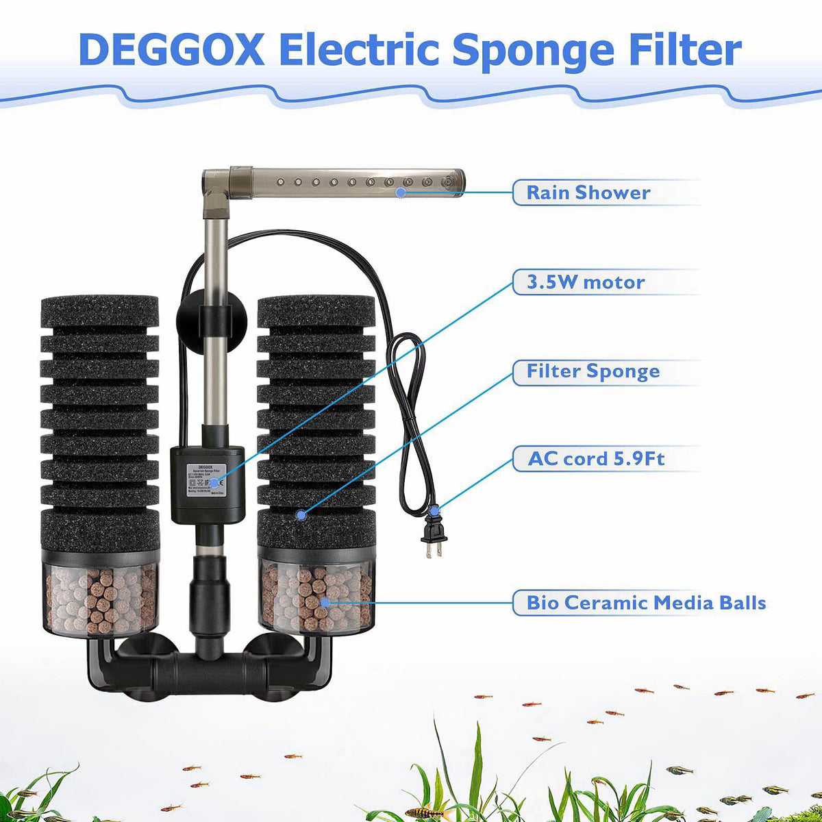 DEGGOX Upgrade Aquarium Electric Power Sponge Filter with Submersible Pump ，Ultra-Quiet Motor with Bio Ceramic Media Bal