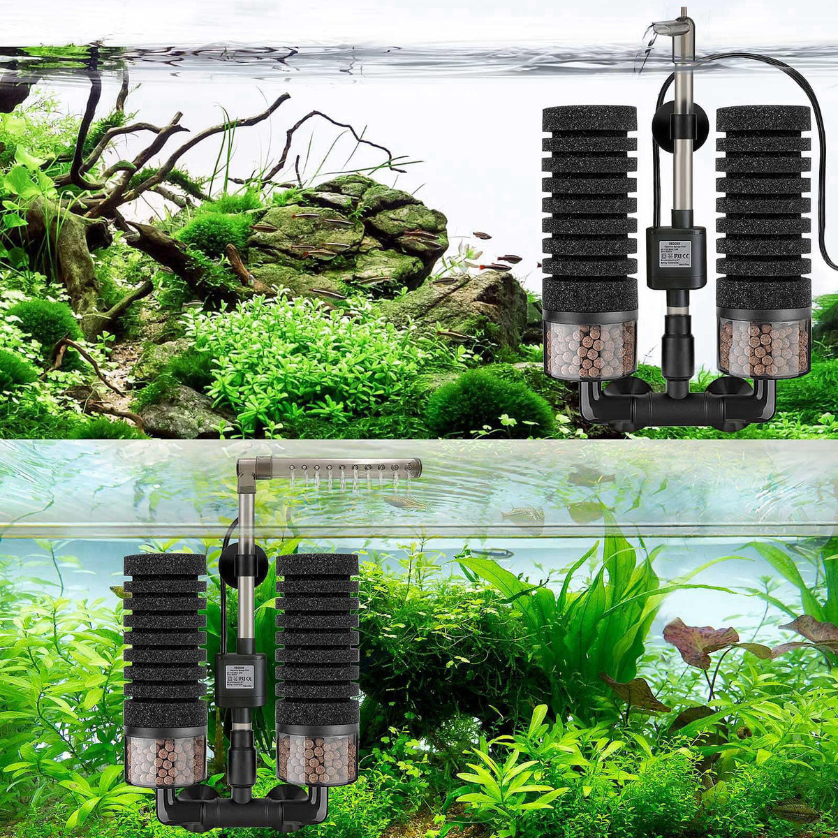 DEGGOX Upgrade Aquarium Electric Power Sponge Filter with Submersible Pump ，Ultra-Quiet Motor with Bio Ceramic Media Bal