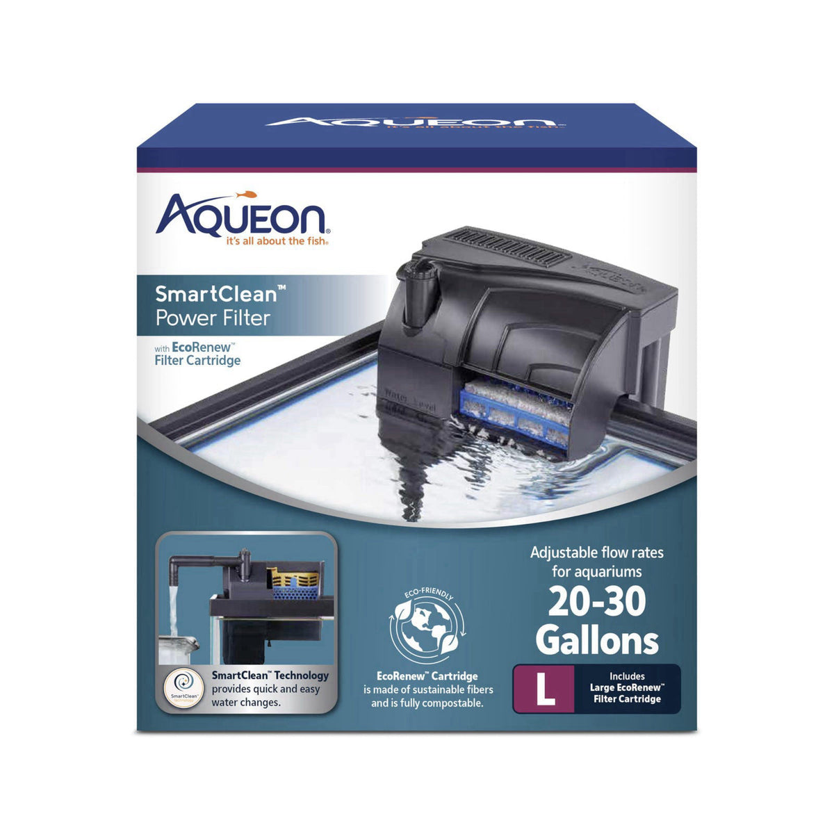 Aqueon SmartClean Power Filter with EcoRenew Filter Cartridge, Quick and Easy Water Changes, Quiet Operation, Adjustable