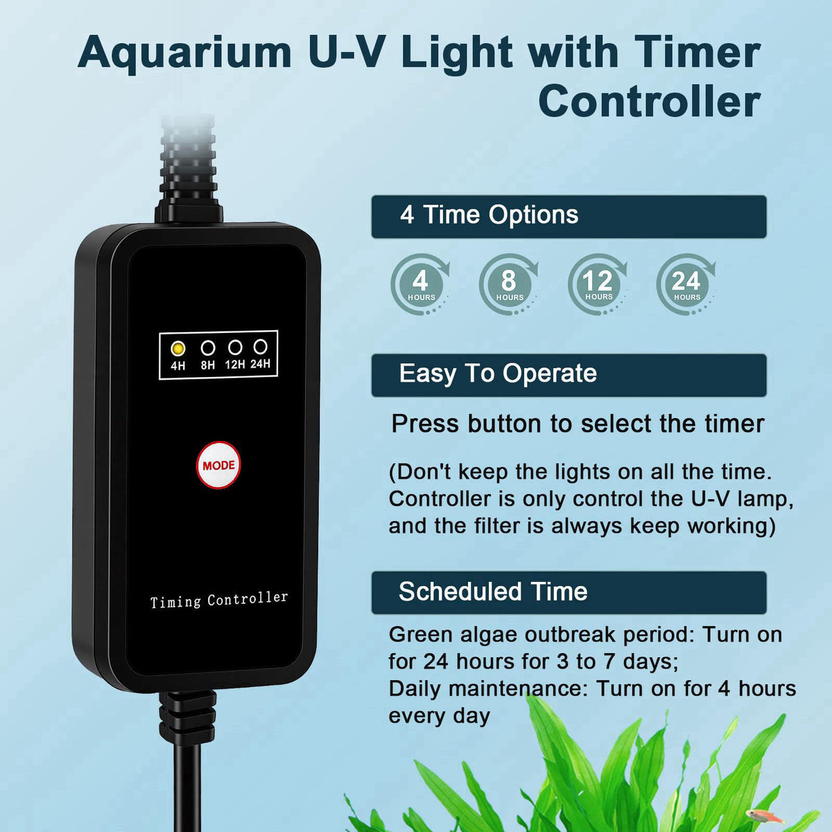 hygger 8W Aquarium U-V Internal Filter with Timer for 10–20 Gal Tanks – packaging and label